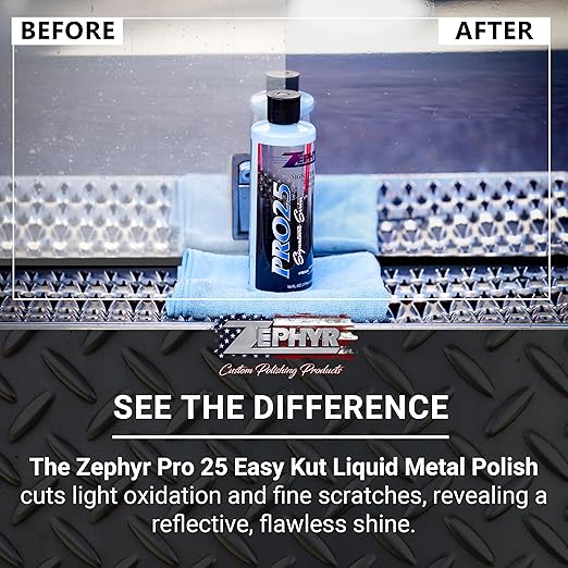 Zephyr - Pro 25 Easy Kut Liquid Metal Polish - Stainless Steel, Chrome, & Aluminum Polish - Metal Polishing for Lifted Trucks, Show Vehicles, Motorcycles, & More - 32 oz.
