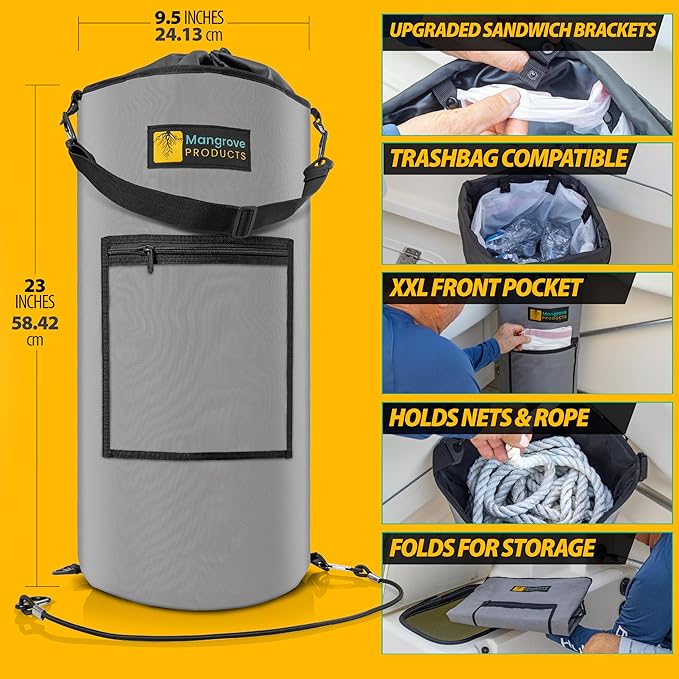 Mangrove Products: Portable Boat Trash Can, Reusable Trash Bag, Boating Equipment, Boat Storage, Boat Accessories Marine, Pontoon Boat Accessories, Fishing, Sandbar, RV, or Camping