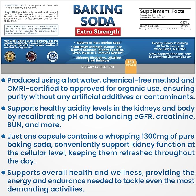 Baking Soda Aluminum Free 1300mg Per Pill Extra Strength Organic Use Pure Baking Soda Capsules for Health & Wellness. Baking Soda Tablets 120 Pills