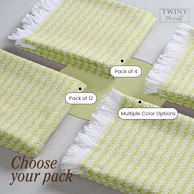TWINY threads Kitchen Towel Chevron Weave, 12 Pack, Premium Large 100% Cotton Kitchen Linen Set, Absorbent Quick Drying Dish Rags for Drying Dishes, Multi Purpose Washable Towel, 16"x26", Lemon Green