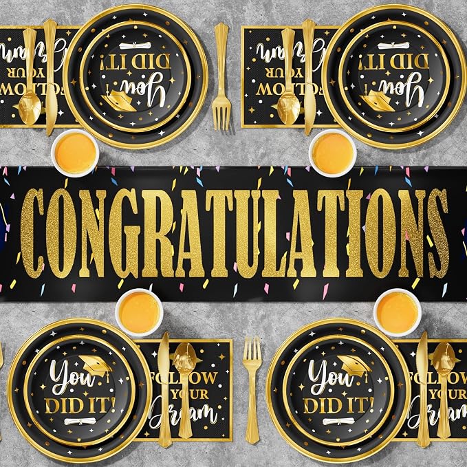 Graduation Decoration Class of 2026, 175PCS Graduation Party Supplies Disposable Dinnerware(Serve 25) with Paper Plates Cup Napkin Fork Knife Spoon College High School Grad Decor(Black & Gold)