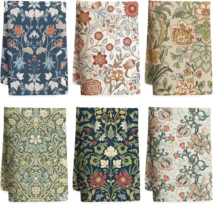 Hahafelt 6 Pack William Morris Floral Kitchen Towels Absorbent Cotton Retro Vintage Flowers Towels 18 x 28 Inch Decorative Hand Tea Towel for Baking Cleaning Housewarming Party Supply (William Morris)