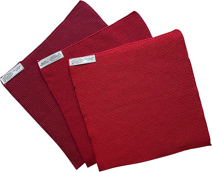 Solwang 3-Piece Danish Cotton Dishcloths in 100% Certified Organic Cotton Made in India (Red Organic Combi)