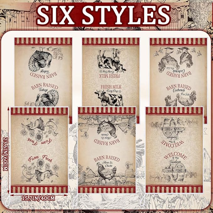 Bencailor 6 Pcs Farmhouse Kitchen Towels Chicken Rooster Kitchen Decor Farm Animal Hand Towels for Cooking Baking Housewarming Gift,15.75 x 23.62 inch(Red Black,Farmhouse)