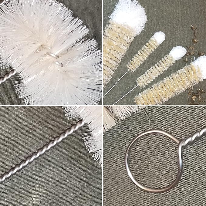 NewFerU Stainless Steel Soda Bottle Cleaning Brush Set in Natural Boar Bristle Wool Tip Long Handle, Flexible Bendable Thick Wire Cleaner for Narrow Neck Water Baby Bottles Straw Pipe Tube Flask (5)