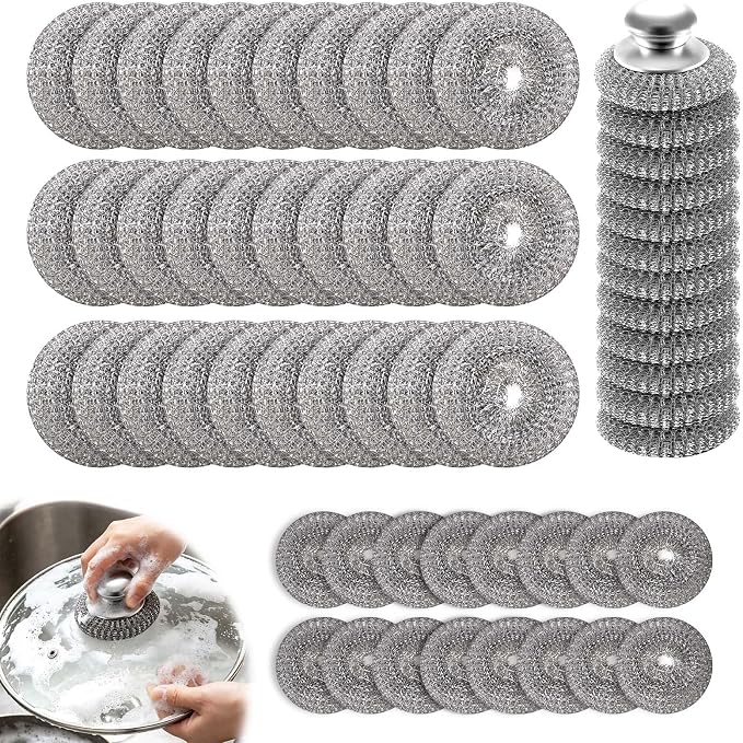 50Pcs Steel Wool Scrubber with 2 Handles, Stainless Steel Scrubber Pads for Dishes, Pots, Pans, Grill, Oven, Kitchen Cleaning, Rust Resistant Heavy Duty Scouring Pads