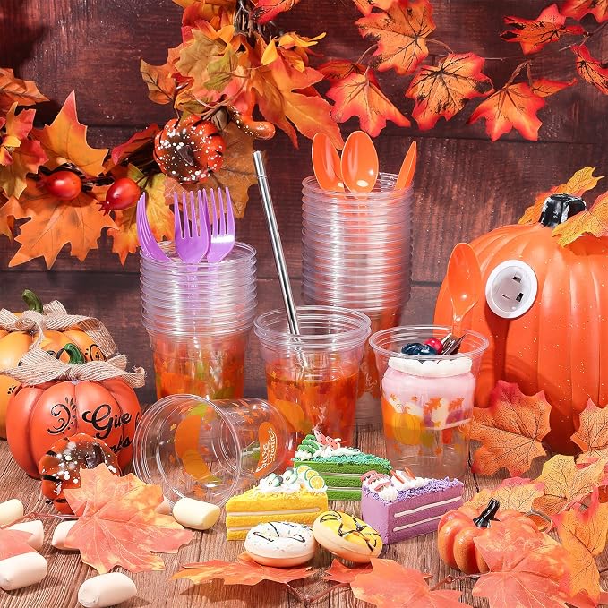 Meanplan 100 Pcs Thanksgiving Plastic Cups Bulk 12oz Fall Disposable Cups Autumn Pumpkin Leaf Turkey Clear Drinkware Tumblers Coffee Juice Wine Glasses Harvest Wedding Party Supplies(Pumpkin)