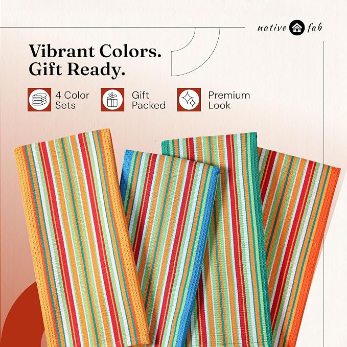 Native Fab Mexican Salsa Stripe Dish Towels, 8 Pack, 18x28, Super Absorbent, 100% Cotton Kitchen Towels for Drying, Reusable and Durable Washable Towels for Everyday Cooking and Cleaning, Orange