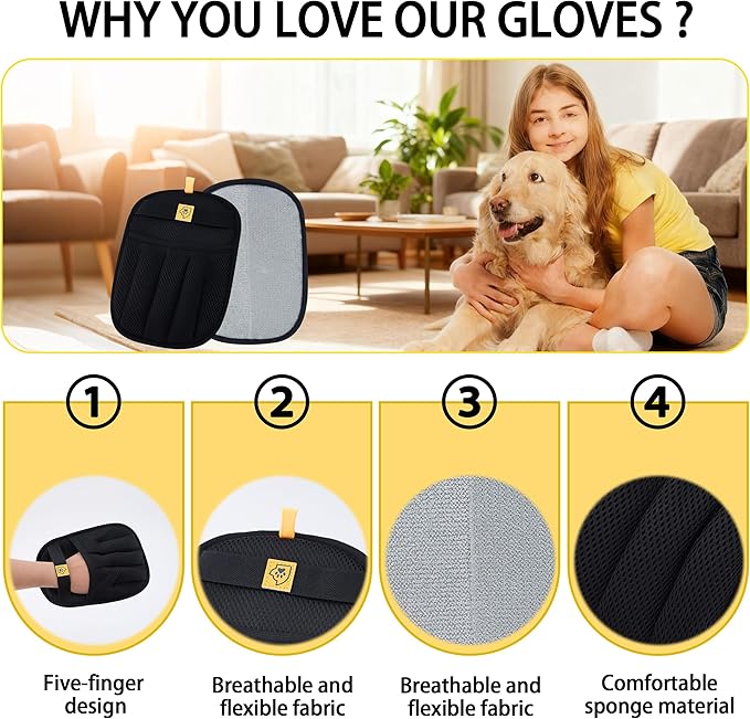 Pet Hair Remover Glove for Dogs & Cats – Grooming Glove, Reusable Fur Removal Tool for Furniture, Couch, Carpet & Car – Easy Pet Hair Cleaning Mitt, (1Pcs Black)