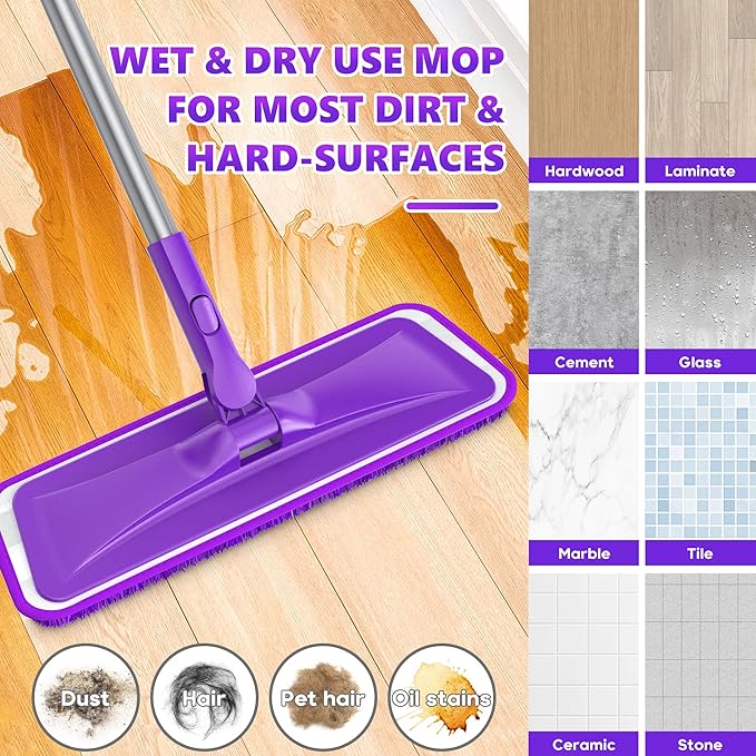 Microfiber Mops for Floor Cleaning - BPAWA Flat Floor Mop with 8 Reusable Washable Mop Pads fit for Swiffer Powermop Kitchen Wet Dry Dust Mop for Hardwood Laminate Wood Tile Ceramic Vinyl Wall Floors