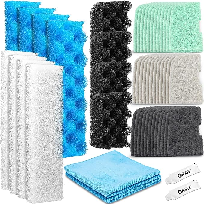 Threlaco 52 Pcs Replacement Filter Media Kit Compatible with Fluval 406/407 Aquarium Filters Include 12 Biological Foams Ammonia Remover Phosphate Pads Nitrite Remover, Towel and Grease