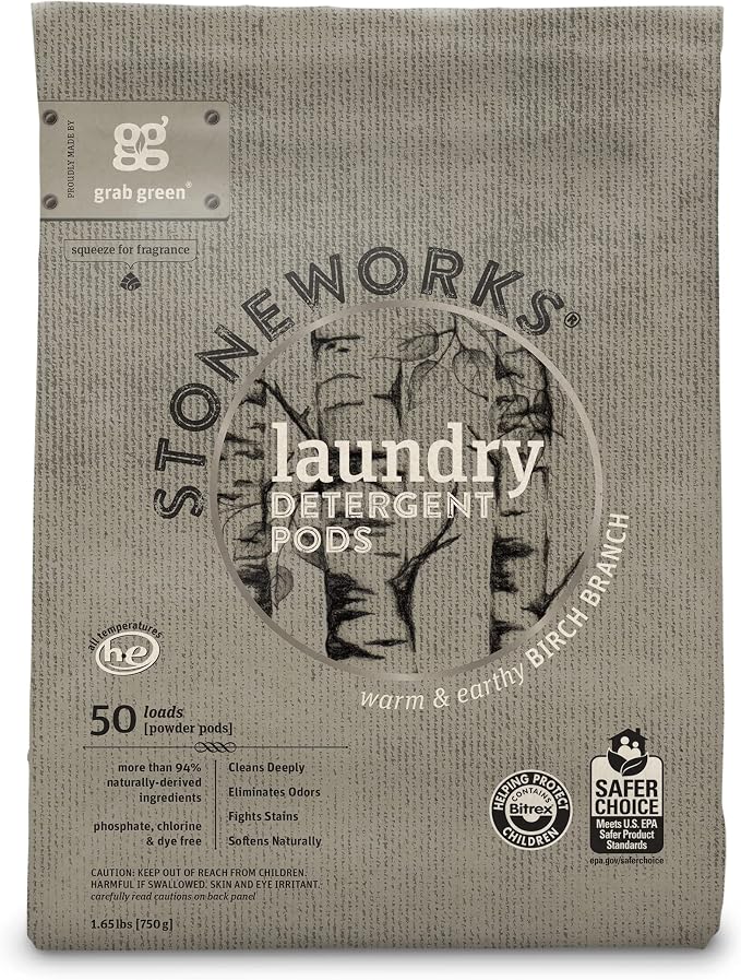 Grab Green Stoneworks Laundry Detergent Powder Pods, Birch Branch & Oak Tree Fragrances, 50 Count Each (100 Total)