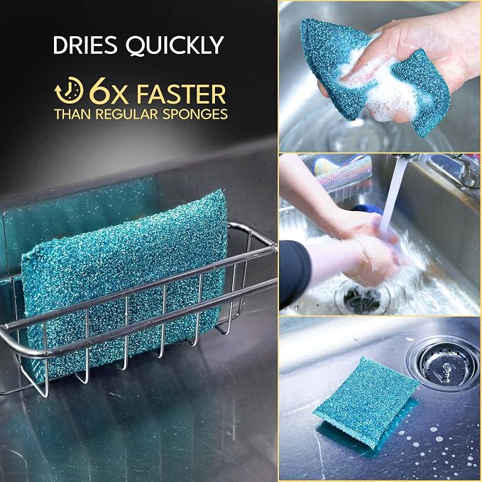 Dish Sponges for Kitchen (3 Pcs) Non-Scratch Scrub Sponges for Dishes, Pots, Pans, Glass, Stainless Steel & Nonstick Cookware–Odor-Resistant, Quick-Dry, Flexible, Durable & Reusable Cleaning Scrubbers