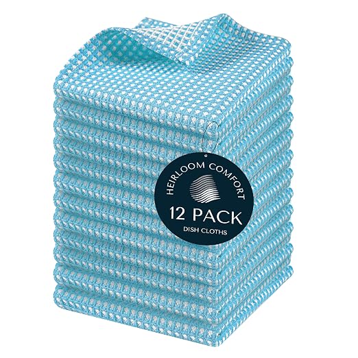 12 Pack Dual Tone Waffle Weave Dish Cloth, 12x12 Inches, 100% Cotton, Super Absorbent, Fast Dry, Durable Dishcloth Set, Soft Hand Towels, Cleaning, Machine Washable, Aqua Blue