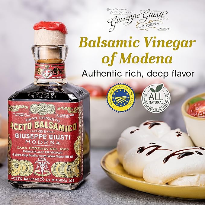 Giusti Italian Balsamic Vinegar of Modena IGP - 3 Gold Medals, Rich & Thick Gran Deposito Aceto Balsamico di Modena for Salads, Cheese & Finishing Touches, Made in Italy – 8.45 fl oz/250 ml -Pack of 4