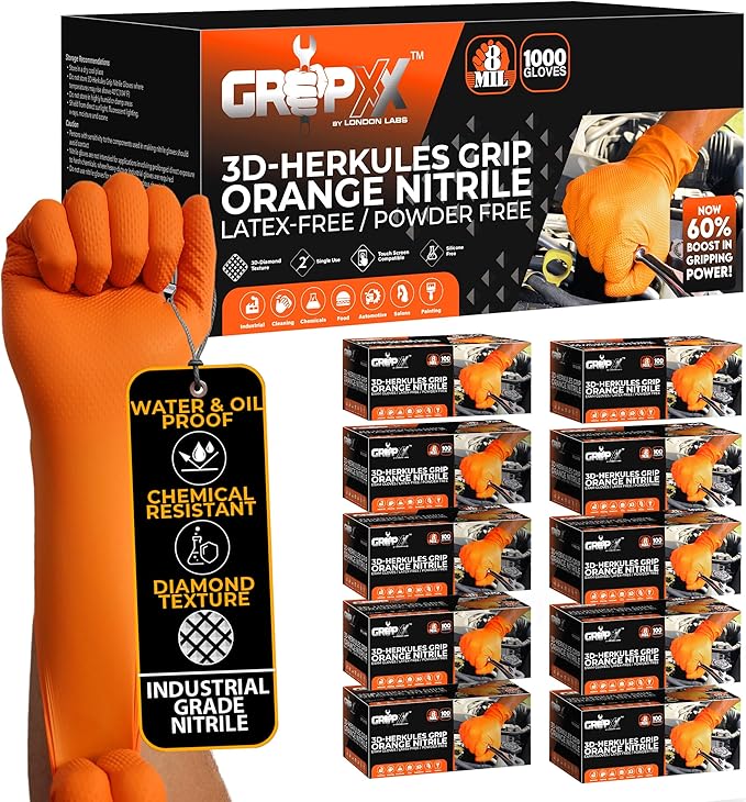 GRIPXX Herkules Grip Heavy Duty 8Mil Orange Nitrile Gloves,3D Raised Diamond Texture-Latex & Powder Free-Industrial, Mechanic (10, Large)
