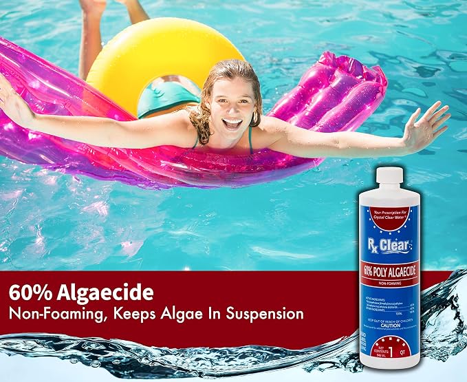 Rx Clear Algaecide 60 Plus | Non-Foaming Formula for Above Or In-Ground Swimming Pools | 60 Percent Poly-Algaecide | Keeping Algae in Suspension | One Quart Bottles | 1 Pack