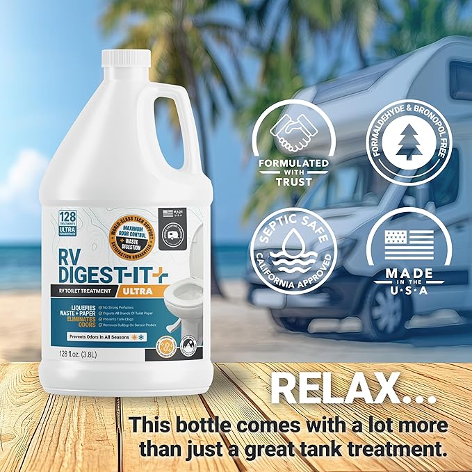Unique RV Digest-It Ultra RV Toilet Treatment Refill, 128 Uses, Super Concentrated - Eliminates Odor and Liquifies Waste, Extra-Strength Bio-Enzymatic Holding Tank Treatment (128 oz)