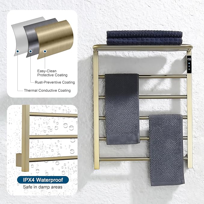 Heated Towel Racks for Bathroom, Hot Towel Warmer with 24hr Timer Stainless Steel Wall Mounted Electric Towel Warmers for Bathroom (Gold, 5-Bar)