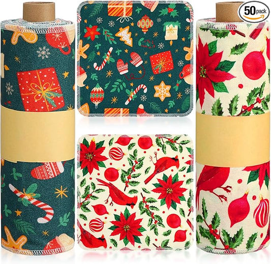 Redbaker 50 Pcs Reusable Paper Towels Paperless Reusable Cotton Cloths Toilet Absorbent Washable Paper Towels with Roll Kitchen Dishcloth for Kitchen Paperless Dishcloths(Christmas Style)