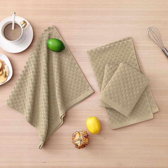 Homaxy 100% Cotton Kitchen Towels and Dishcloths Set, 12 x 12 & 15 x 25 Inches, Set of 16 Bulk Terry Cloth Dish Towels, Super Soft and Absorbent Hand Towel with Hanging Loop, Tan