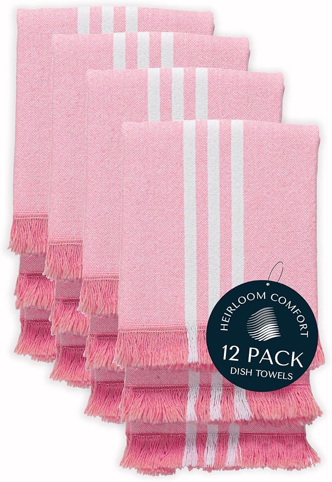 Rose Pink Monochrome Stripe Kitchen Towels 12 Pack, 16x26 Inch, 100% Cotton, Super Absorbent & Quick Dry, Durable, Fringed Dish Towel for Drying Dishes, Washable, Everyday Use