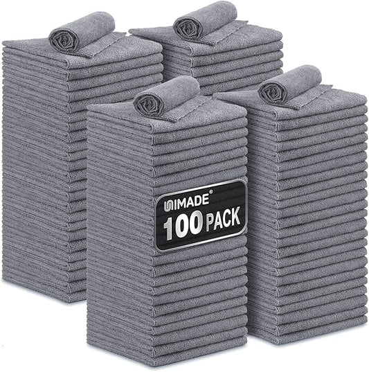 UNIMADE Microfiber Cleaning Cloth, 100 Pack Microfiber Towels for Cars Commercial Grade Work Rags Bulk Detailing Cloth for Automotive Bar Mechanic Restaurant Garage Housekeeping, 11.5"x 11.5", Grey