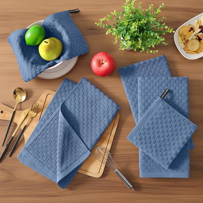 Homaxy 100% Cotton Terry Kitchen Towels(15" x 25", 12 Pack), Soft and Super Absorbent Dish Towels, 380 GSM Reusable Tea Towel with Hanging Loop, Pineapple Grid Designed, Navy Blue