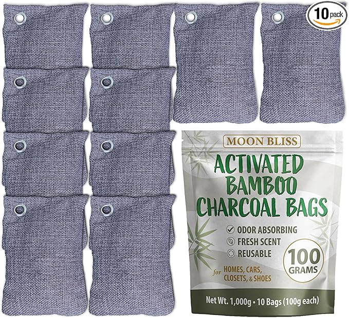 100g Bamboo Charcoal Bags (Pack of 10 Bags) - Activated Charcoal Odor Absorber - Reusable Bags for Homes, Cars, Closets, & Shoe Odor - Absorbs Odors & Moisture - Organic Sustainable Room Air Freshener