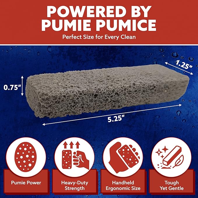 PUMIE Pumice Scouring Stick for Cleaning Toilet Bowl Rings & Hard Water Stains, Bathroom, Pools & Tubs, Pumice Stone for Toilet Cleaning, Rust, Grills, Food Build Ups, Pack of 4, includes Scouring Pad