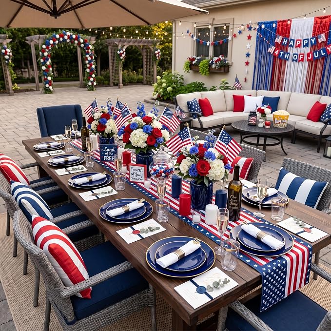 KIRE 175Pcs Blue Plastic Plates - Navy Blue Plates Disposable - 25 for Dinner 25 for Dessert 25 Pre Rolled Napkins with Gold Plastic Silverware and 25 Cups for 4th of July/Wedding/Party