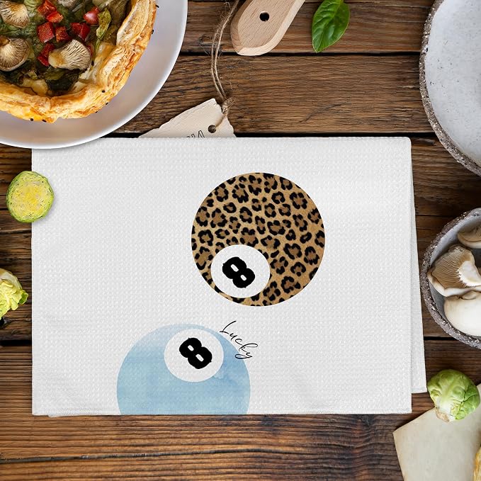 Trendy Leopard Cheetah Print Poker Lucky 8 Ball Bathroom Decor, Preppy Light Blue Leopard Decor Dish Hand Towels for Bathroom Kitchen Sets of 2, Cheetah Kitchen Towels and Dishcloths,16x24in