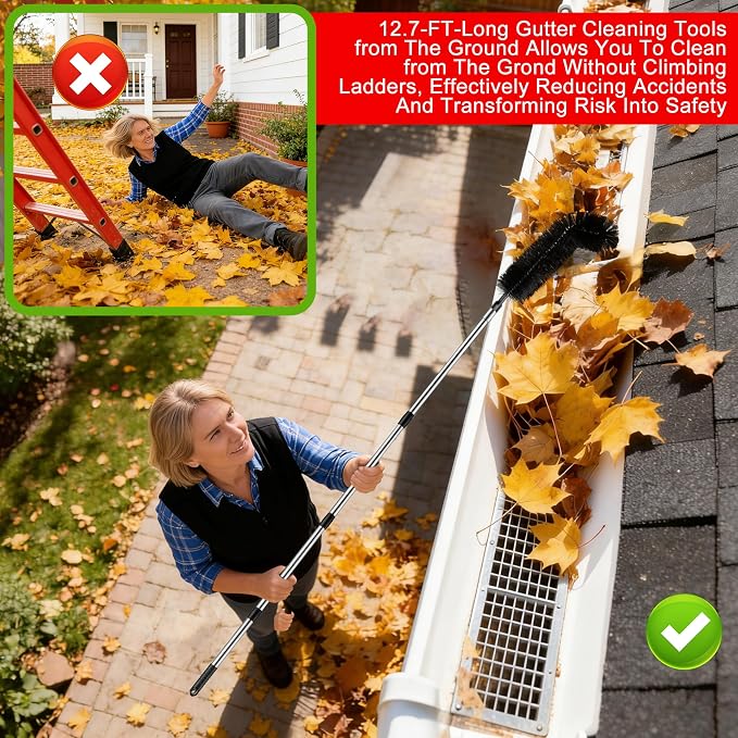 Gutter Cleaning Tools from The Ground - 12.7FT Long Adjustable gutter Cleaner & Brush, No Ladder Needed | Gutter Clean Out Tool Makes it Easy To Clean Leaves, Branches And Debris from Gutters