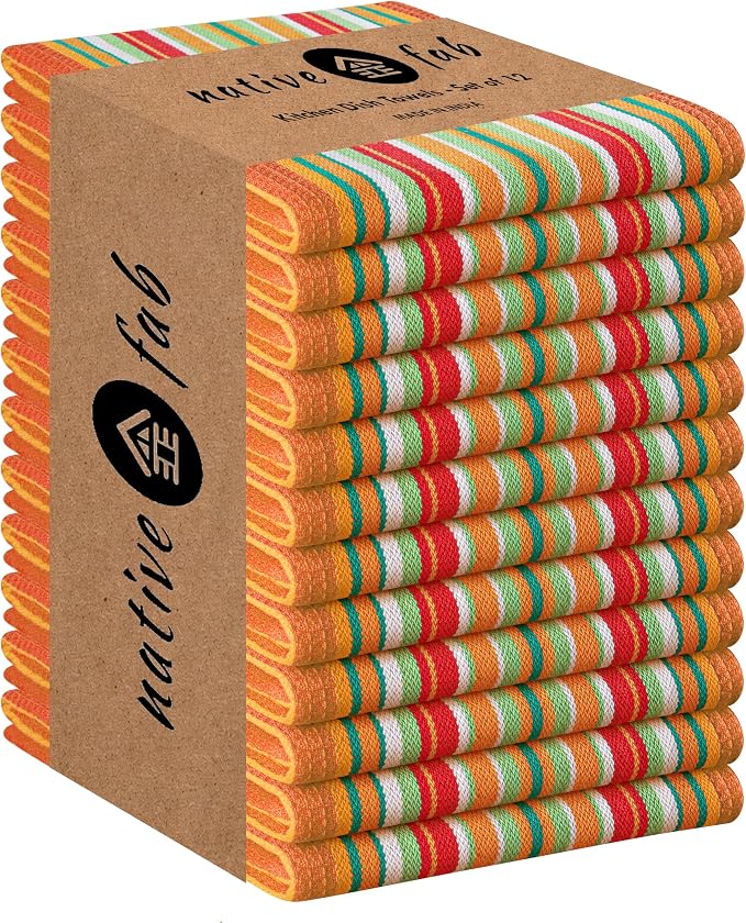 Native Fab Mexican Salsa Stripe Dish Towels, 12 Pack, 18x28, Super Absorbent, 100% Cotton Kitchen Towels for Drying, Reusable and Durable Washable Towels for Everyday Cooking and Cleaning, Orange