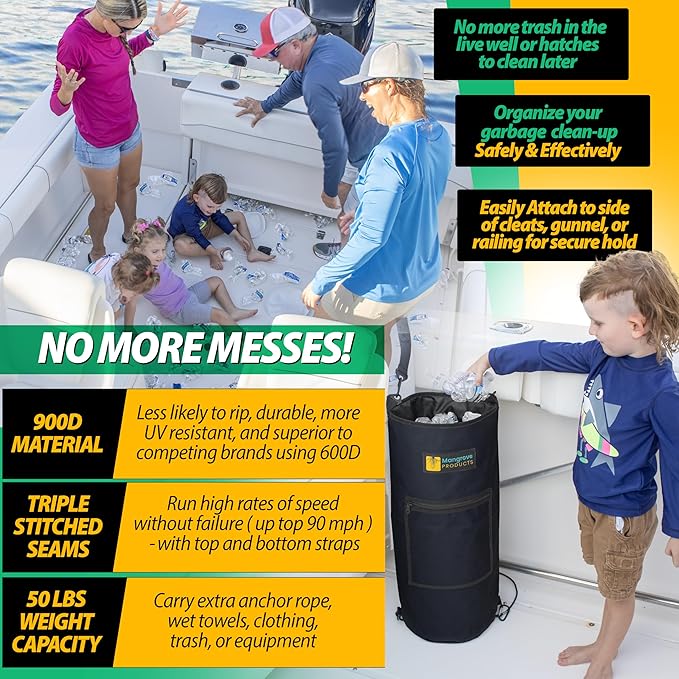 Mangrove Products: Portable Boat Trash Can, Reusable Trash Bag, Boating Equipment, Boat Storage, Boat Accessories Marine, Pontoon Boat Accessories, Fishing, Sandbar, RV, or Camping