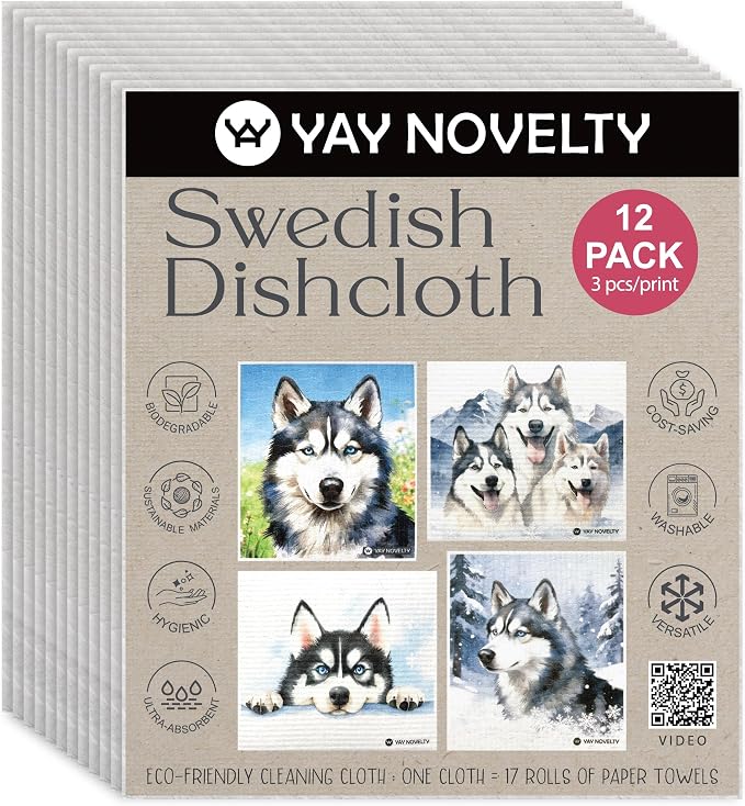 Swedish Dishcloths - 12 Pack | Made in Germany | Ultra-Absorbent, Reusable Cellulose Sponge Cloths for Kitchen | No-Odor, Eco-Friendly Cleaning Wipes | Water-Based Ink | Husky