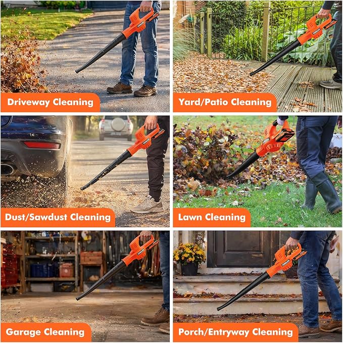 Leaf Blower Cordless - 21V Powerful Electric Leaf Blower with 2 Batteries and Charger, 2 Speed Modes, 2.0Ah Lightweight Battery Powered Leaf Blowers for Lawn Care, Patio, Dust, Blowing Leaves