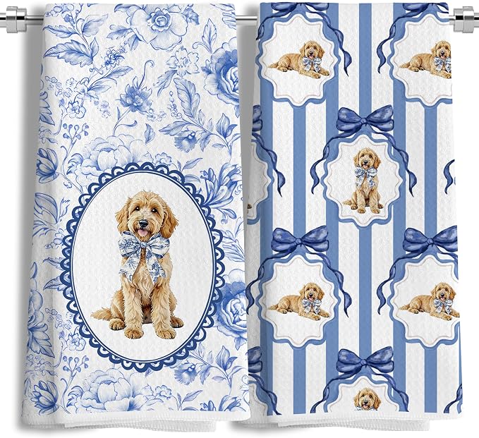 Chinoiserie Goldendoodle Dog Bow Kitchen Hand Towels for Bathroom, Golden Doodle Gifts for Women, Grandmillennial Botanical Dog Hand Towels for Kitchen Bathroom, 16x24 Inch Set of 2