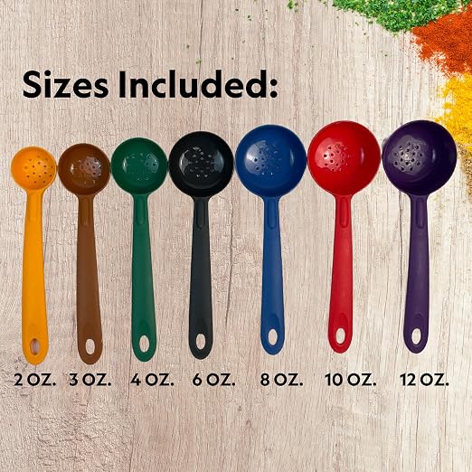 Cook's Rite-Size Rite-Size Perforated Round Circle Server Set of Portion Control Utensils, Copolymer Plastic Heat Resistant Professional Cooking Spoons, (Set of 7 Servers in Various Sizes and Colors)
