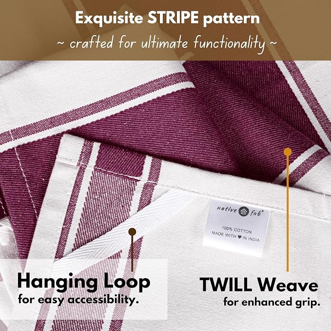 Native Fab Farmhouse Kitchen Towels 18"x28", 12 Pack, Wide Stripe, Super Absorbent, Quick Dry, 100% Cotton Towels for Hand, Dishes Drying, Cleaning Dishcloth Set with Hanging Loop - Burgundy (Maroon)