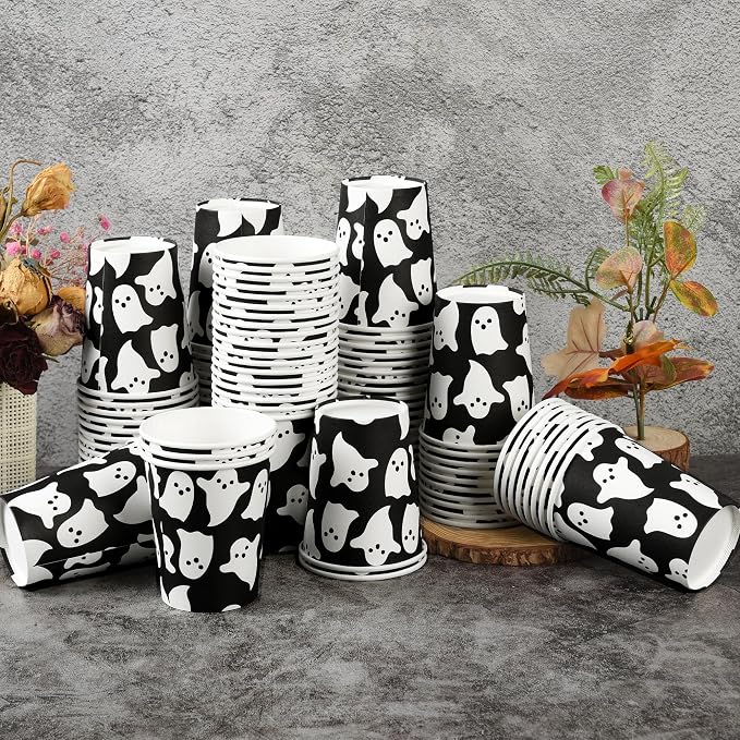 AimFun 100Pcs Halloween Ghost Paper Cups Ghost Spooky Party Cups Black White Boo 9oz Disposable Cold Hot Coffee Drinking Cups for Halloween Party Supplies Table Decor