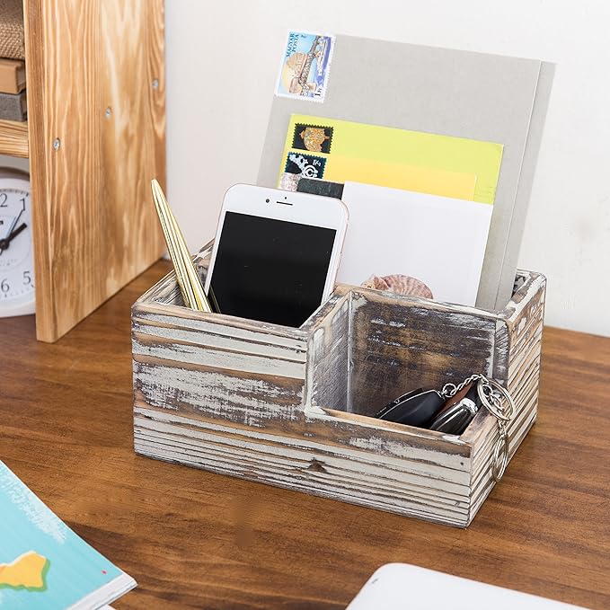 MyGift TV Remote Control Holder, Wood Desktop Office Stationery Organizer Tray with 3 Compartment, Multipuprose Caddy Organizer and Media Storage, Rustic Torched