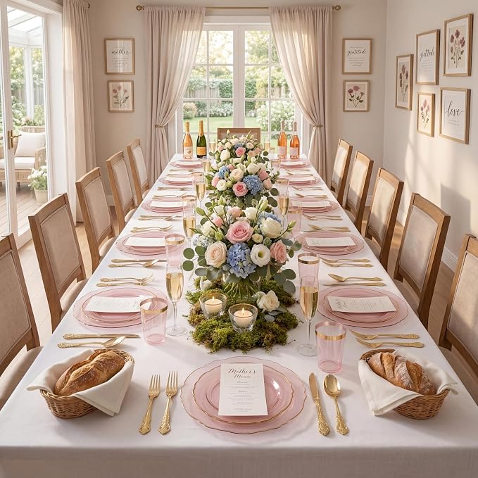 KIRE 210Pcs Clear Pink Plastic Plates with Gold Rim - Disposable Pink Plates for Party - 30 for Dinner 30 for Dessert 90 Silverware 30 Napkins 30Cups for Upscale Wedding/Party/Baby Shower