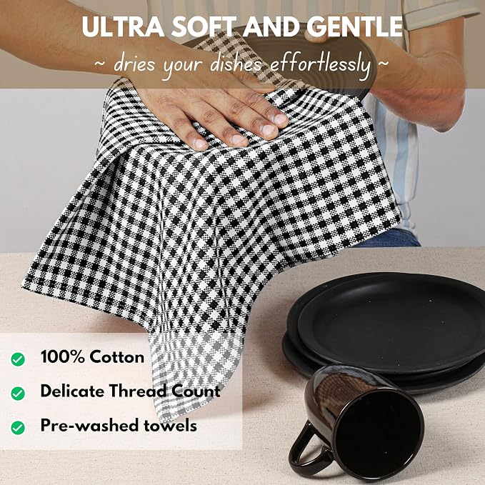 Native Fab 100% Cotton Gingham Farmhouse Kitchen Dish Towel 4 Pack 16"x26" - Absorbent Wash Cloths, Restaurant Grade Linen Towels, Tea Towels with Hanging Loop, Black White