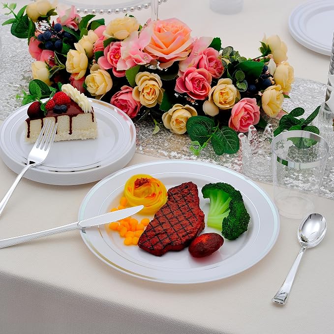 350 PCS Silver Plastic Dinnerware for 50 Guests,Silver and White Disposable Plates for Party Wedding with Napkins, 50 Dinner Plates, 50 Dessert Plates, 50 Silverware Set, 50 Cups