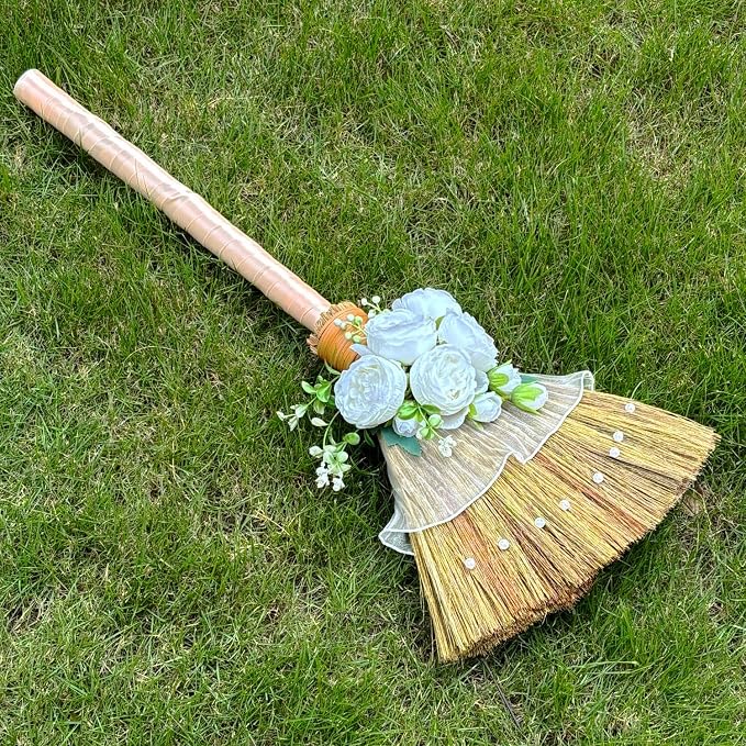 Wedding Brooms DIY, Bride & Bridegroom Jump Broom, Whisk Wedding Broom with Ribbons, Simulated Roses and Pearls, Lace Cloth