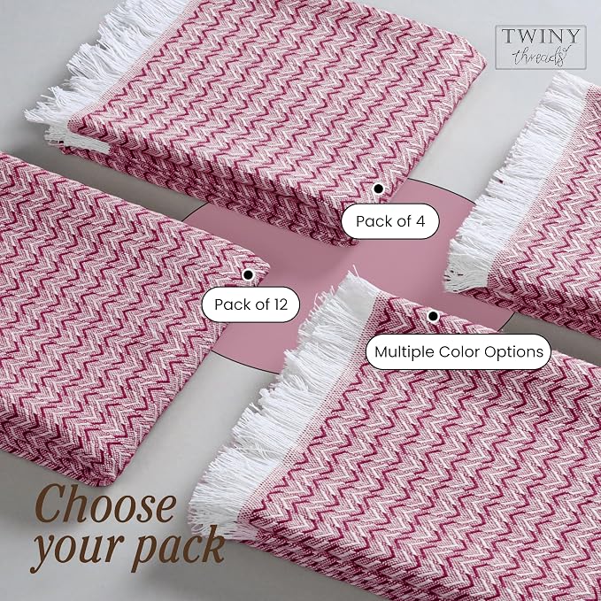 TWINY threads Dish Towel Chevron Pattern, Premium 100% Cotton Kitchen Linen Set, Large Wash Rags for Drying Dishes, Absorbent Quick Drying, Reusable, 4 Pack, 16"x26", Burgundy Wine