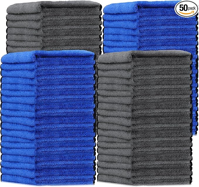 Tallew 50 Pcs Microfiber Towels:16"x16" Microfiber Drying Towels Bulk Micro Fiber Car Cleaning Cloth for Cars Drying Washing Polishing Office Windows Cleaning Household Supplies (Blue,Gray)