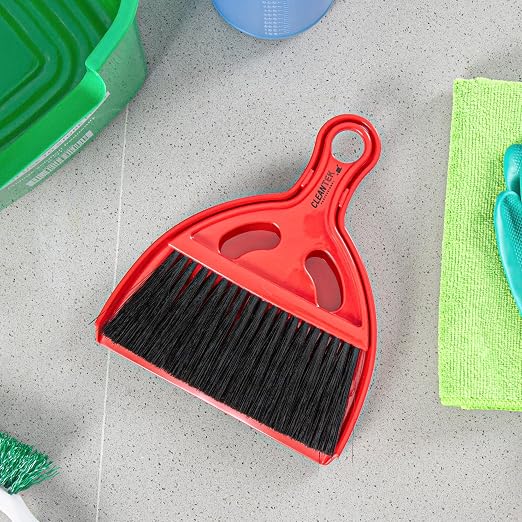 Restaurantware Mini Broom and Dustpan Set 10 Pack of Plastic Handheld Brush and Pan Compact Cleaning Kit with Ergonomic Handle Red and Black Office Desk and Home Cleaning Set