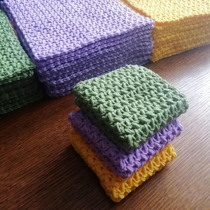 Cotton Dish Rags Pack Crochet Reusable Dish Cloth Yellow Green Lilac Widely Use Granny Square Set 3 Knitted Absorbent Flap